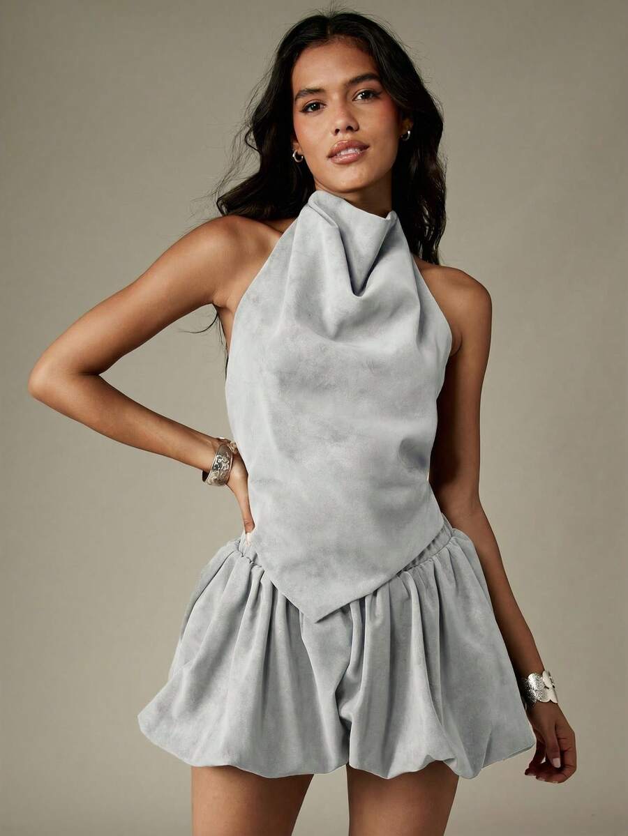 MISSGUIDED Halter Neck Backless Two Piece Coord Set With Draped Top Asymmetrical Ruffle Hem Mini Skirt Summer Festival Outfit - Grey - View 1