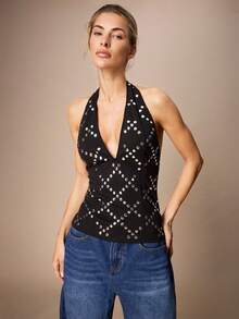 Maija Áo nữ thời trang cổ yếm hở lưng màu đen đính sequin họa tiết kim loại, thích hợp đi chơi, dự tiệc, lễ hội, ngày Valentine, mùa xuân đến hè. - màu đen - Xem 4