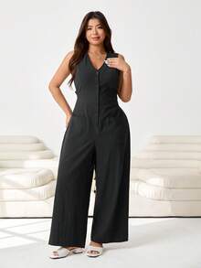 Solflare Bộ jumpsuit thường ngày mới mùa Xuân/Hè 2026, thích hợp cho các buổi đi chơi, mặc thường ngày, dự tiệc, hẹn hò, tiệc sinh nhật, lễ hội âm nhạc, đi học, đi làm, kỳ nghỉ, ngày Valentine, mặc ở nhà, chất liệu cotton pha, không tay, cổ chữ V, cài nút phía trước, eo chun, dáng rộng, dài, màu đen, cỡ lớn. - màu đen - Xem 4