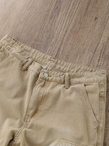 Manfinity Joysei 男式侧袋做旧流苏休闲牛仔短裤 - 卡其色 - 查看 3