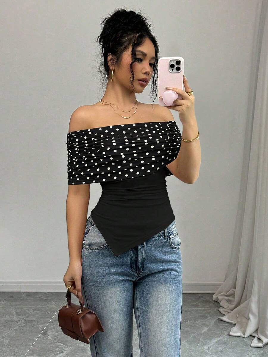 SHEIN Raffinéa Women's New French Elegant Casual Chic Black Polka Dot Patchwork Slim Fit T-Shirt Top, Flattering - Black - View 1