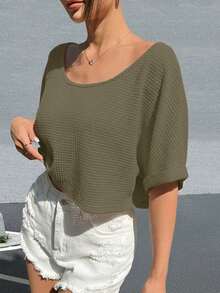 Muchica 纯色华夫格针织休闲宽松露肩T恤 - 軍綠色 - 查看 6
