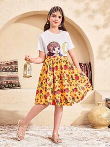 SHEIN Tween Girl Loose Fit Round Neck Short Sleeve Cartoon Girl Print T-Shirt And Rose Print Ruffle Hem Midi Skirt Set, Spring/Summer - White - View 4