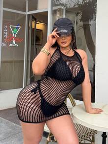 Swim SXY Áo khoác ngoài gợi cảm khoét cổ yếm dành cho nữ cỡ lớn, màu đen, kiểu dáng đi nghỉ mát. - màu đen - Xem 4