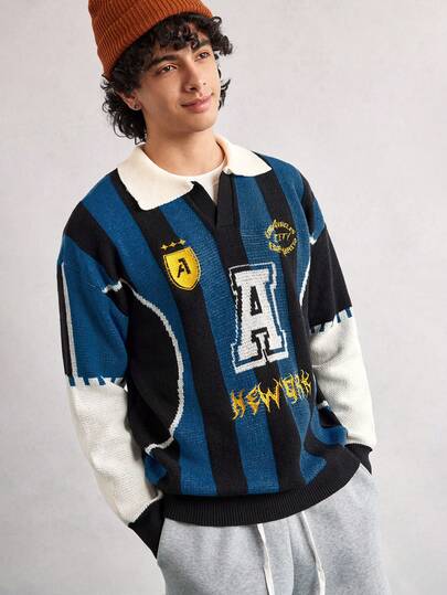 Open Phase 男士宽松撞色字母徽章图案复古休闲套头长袖针织衫，秋冬季时尚设计