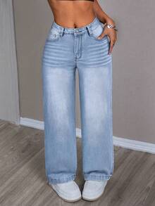 SHEIN PETITE 女式口袋直筒宽松休闲百搭牛仔裤