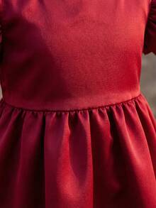 Young Girl Woven Solid Color Jacquard Bowknot Ruffle Hem Snug Fit Dress - Red - View 5