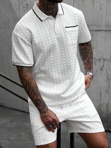 Manfinity CasualCool 男士休闲短袖Polo衫短裤套装，针织钩编面料，白色男士Polo衫套装，休闲两件套。也是送给丈夫、男友或朋友的理想礼物。男士休闲短裤两件套，男士两件套服装，白色男士两件套夏季套装 - 白色 - 查看 1