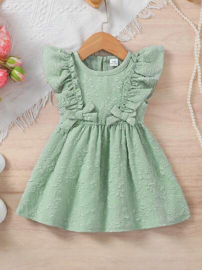 SHEIN Vintaside Kids Baby Girls' Soft Jacquard Fabric Round Neck Ruffle Hem Bow Elegant Dress, Spring/Summer Green Baby Girl Dress Ruffles Toddler Dress Baby Girl Floral Print Dress Baby Girl Casual Dress