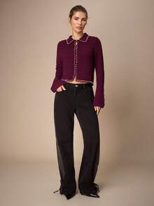 Maija Áo khoác cardigan dệt kim dài tay mỏng nhẹ màu trơn dành cho nữ, trang trí giả ngọc trai. - Màu Đỏ Sâu - Xem 2