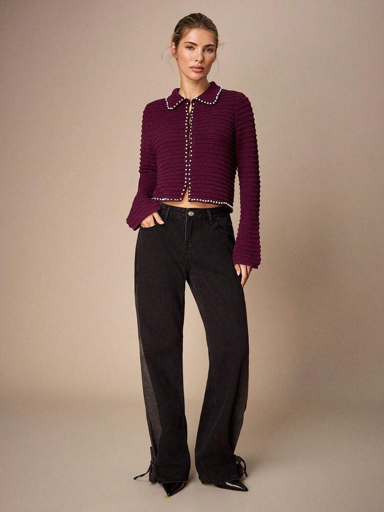 SHEIN Maija Damen Einfarbige Strickjacke mit Kunstperle Dekor, leicht und langärmelig