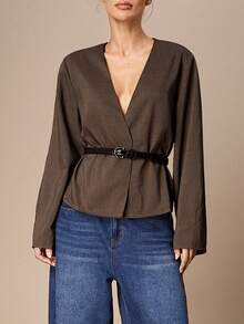 Maija Women's Solid Color V-Neck Long Sleeve Casual Commuter Lightweight Jacket - Brown - View 1
