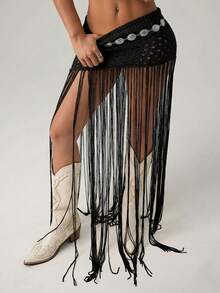 SHEIN ICON Đồ đi biển màu đen Y2k, đồ đi nghỉ hè, đồ đi biển màu đen, đồ đi chơi, đồ boho, đồ xuyên thấu, đồ gợi cảm, áo len móc, áo len kiểu miền Tây, áo len viền tua rua, váy len dệt kim rỗng, váy tua rua màu đen, váy tua rua mùa xuân đến hè. - màu đen - Xem 4