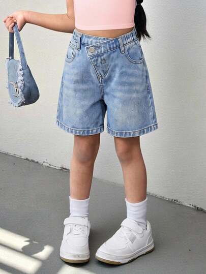 Shorts vaqueros asimétricos de cintura azul para niña, uso casual de primavera y verano, estilo boho campestre, para playa, cómodos y suaves pantalones vaqueros de talle medio, shorts vaqueros