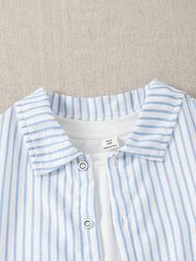 Casuvi Kids 1pc Blue & White Striped Casual Shirt For Teenagers (Boys), With Delicate CA Embroidered Pattern On Chest, Fashionable Woven Label On Back, Suitable For School, Commute, Weekend Gatherings, And Casual Lifestyle Boys Striped Shirt Royal Blue And White Boys Shirt Boys Preppy Tops - Blue and White - View 7
