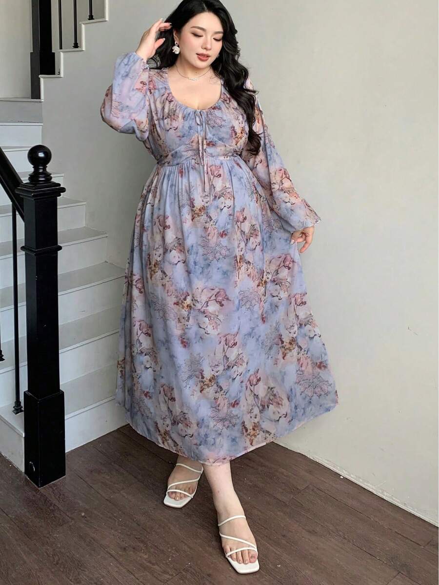 Dazy Plus V-Neck Floral Print Lantern Sleeve Tie-Waist Dress, Vacation Style, Spring/Summer - Teal Blue - View 1