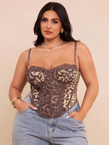 SHEIN BAE Plus Size Women Leopard Print Lace Patchwork Camisole,Top For Women Elegant,Fall Clothes For Women,Autumn Outfits Women,Halloween Costume Women,Winter Clothes For Women,Plus Size Women Clothes,Fall Clothes Plus Size,Elegant,Cheetah Print Bra,Corset - Brown - View 4