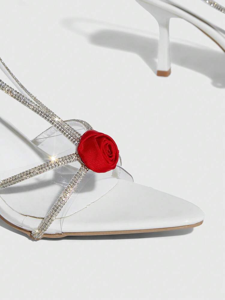 CUCCOO SZL Women's Red Rose Rhinestone Embellished White High Heel Sandals Valentine's Day