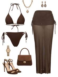 Bonvoyette 女士夏季新款度假风露背系带裤，侧系腰褶皱罩衫，三件套比基尼