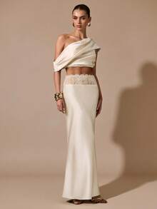 SHEIN BAE Áo kiểu satin xếp ly bất đối xứng, màu mơ thanh lịch dành cho nữ, thích hợp cho các bữa tiệc, sự kiện cocktail, váy sinh nhật, váy phù dâu, trang phục khách mời đám cưới, mùa thu/đông. - Màu be - Xem 5