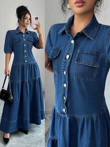 Elenzga Women's Short Puff Sleeve Single-Breasted Utility Pocket Ruffle Hem Casual Denim Dress - Medium Wash - View 1