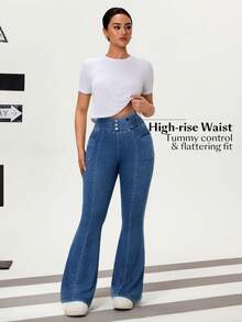 SHEIN Unity Women's Solid Color Pocket Button Elastic Casual Flare Jeans - Blue - View 4