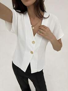 Aloruh 优雅蝙蝠袖双排扣纯色简约白衬衫，女士春假白色简约休闲衬衫，适合办公室工作和商务休闲场合。 - 白色 - 查看 7