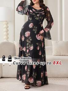 SHEIN CURVE+ 大码碎花长裙，优雅黑色针织高领荷叶边下摆长袖连衣裙，女士款/2026/新年 - 黑色 - 查看 6