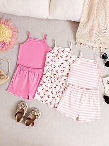 SHEIN 女婴舒适百搭甜美可爱吊带短裤套装，多件套夏季服装 - 彩色 - 查看 9