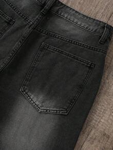 Manfinity Joysei 男士休闲水洗阔腿牛仔短裤 - 深灰色 - 查看 5