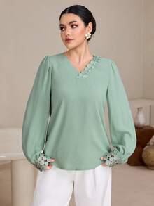 Graceveil Women's Elegant V-Neck Contrast Lace Lantern Sleeve Blouse, Spring/Autumn - Green - View 4