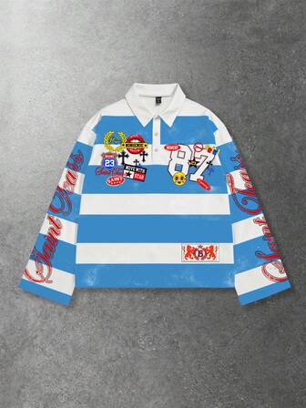 Street Life Camiseta polo de manga larga con estampado y rayas para hombre, estilo universitario casual