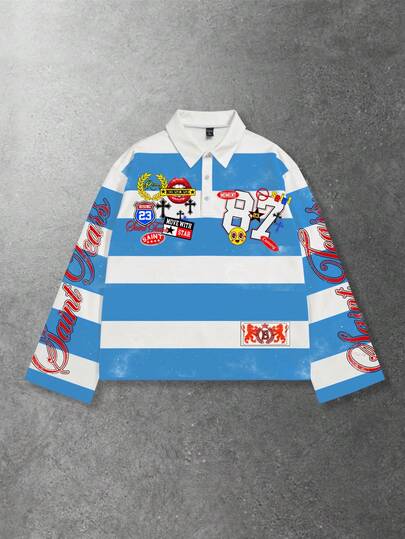 Street Life Camiseta polo de manga larga con estampado y rayas para hombre, estilo universitario casual