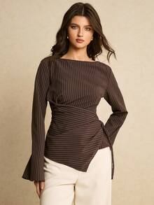 Poéselle Women's Casual/Office Commute Striped Print Boat Neck Flare Sleeve Ruched Side Tie Fitted Blouse, Spring/Autumn Dark Brown Top Striped Top Women Elegant Women's Blouses Spring Women - Khaki - View 4