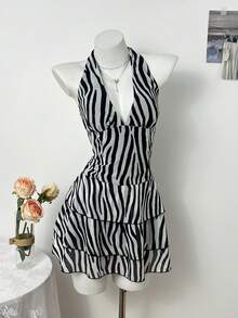 Elamini 女士时尚斑马纹露背吊带连衣裙，夏季