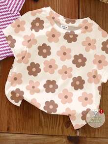 SHEIN LMoss Kids 3件套可爱花卉系列奶油白、粉色条纹、黑色圆领短袖基础款T恤，适合日常、居家、度假、搭配，轻松舒适，可叠穿，时尚女孩，休闲装，儿童花卉图案服装，别致秋季，时尚冬季，新款，清凉舒适 - 彩色 - 查看 3