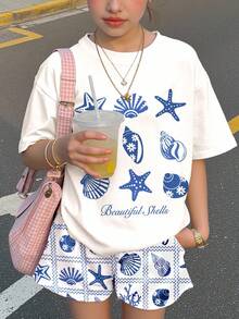 两件套少女休闲贝壳沙滩图案短袖圆领T恤和短裤套装，适合夏季度假、居家、旅行、休闲夏日、度假氛围 - 彩色 - 查看 4