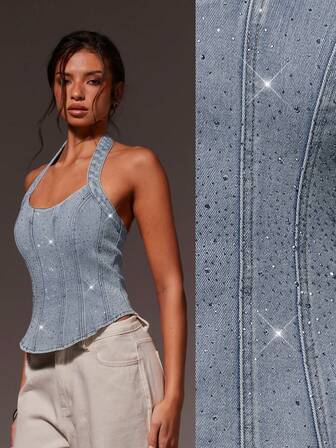 Athîral Women's Fashionable And Sexy Backless Light-Colored Denim Top, Rhinestone-Embellished Denim Vest, Rhinestone Top, Fitted Style,Valentine Outfits For Women,Summer Holiday Outfits,Spring Outfit Women,Carnival Clothes,Carnival Top,Party Top,Birthday Outfits For Women,Going Out Top,Halter Top