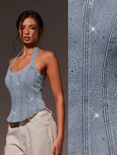 Athîral Women's Fashionable And Sexy Backless Light-Colored Denim Top, Rhinestone-Embellished Denim Vest, Rhinestone Top, Fitted Style, Valentine For Women, Summer Holiday , Spring Women, Carnival ,Carnival Top, Party Top, Birthday For Women, Going Out Top, Halter Top