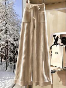 INAWLY Women's Casual Everyday Commute Simple Solid Color Ribbed Knit Turtleneck Button-Up Top And Wide Leg Pants 2-Piece Set, Autumn/Winter - Khaki - View 5