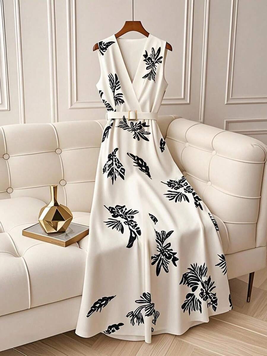 Franclia 女士印花连衣裙 女士深V领收腰连衣裙 - 白色 - 查看 1