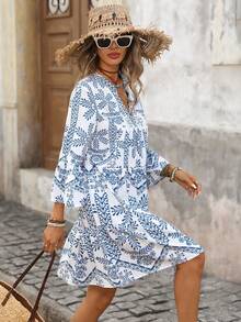 Brillora 女士V领荷叶边A字印花度假连衣裙 - 藍白色 - 查看 5