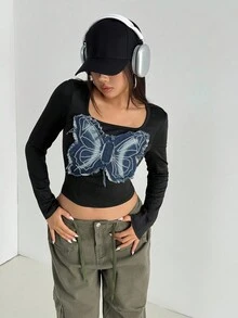 Aidyla Women's Autumn Knit Crew Neck Long Sleeve T-Shirt With Denim Patchwork, Bow Accent, Basic Slim Fit Top For School & Casual Wear, Korean Style - Black - View 5