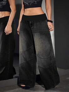 Flirla Plus Size Women Patchwork Color Casual Street Versatile Commute Loose Fit Denim Wide Leg Pants Everyday Black Summer - Black - View 5