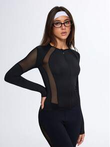 Dewbera Dewbera Women's Black Autumn Athleisure Slim-Fit Workout Top,Mesh Panel Zip Athletic Jacket,Long Sleeve Breathable Gym Yoga&Training Quick-Dry Stretch Shirt - Black - View 4