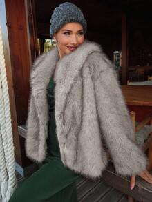 DAZY Women's Elegant Faux Fur Collar Jacket, Autumn/Winter - Light Grey - View 3