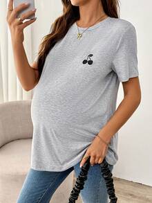 SHEIN 孕妇休闲樱桃刺绣短袖T恤，夏季 - 灰色 - 查看 5
