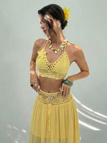 Conjunto 2 Piezas Mujer Top Punto Sin Mangas con Flores 3D + Falda, Estilo Halter de Ganchillo y Gasa, Diseño Bohemio Tropical, Ideal para Verano, Playa, Vacaciones, Otoño e Invierno, - Amarillo - Ver 5