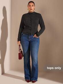 SHEIN BAE Blusa de manga larga con botones delanteros lisos para mujer de talla grande, uso diario casual, blusa básica de manga larga con decoración de botones metálicos para mujer de talla grande, otoño para mujer, invierno para mujer, talla grande de otoño, elegante - Negro - Ver 4
