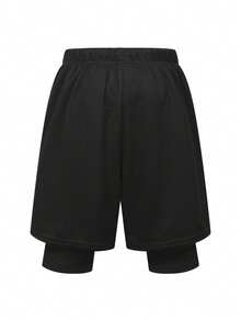 1 件青少年男童字母十字印花抽绳夏季双层短裤，适合春季开学季；青少年男童服装；青少年男童外套，春季返校季 - 黑色 - 查看 2